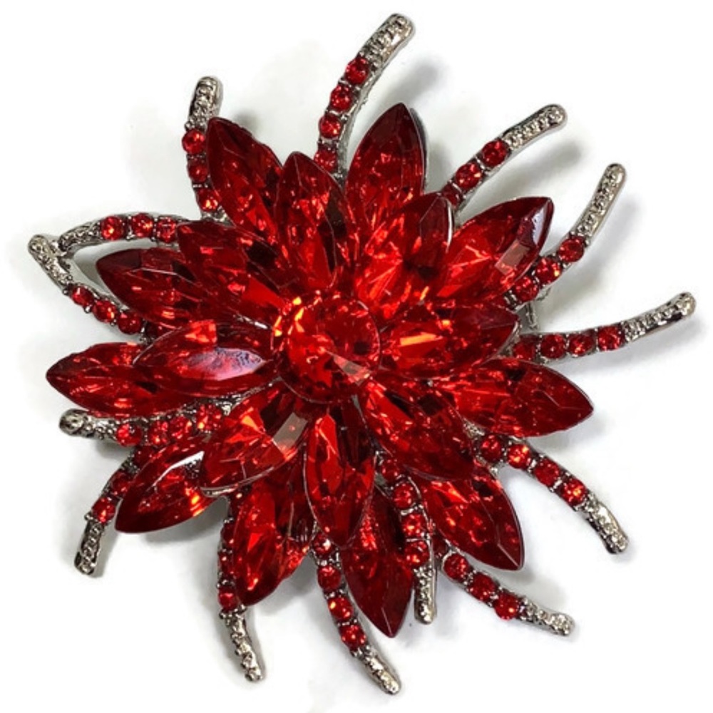 Large Red Rhinestone Flower Brooch - Picture 5 of 14